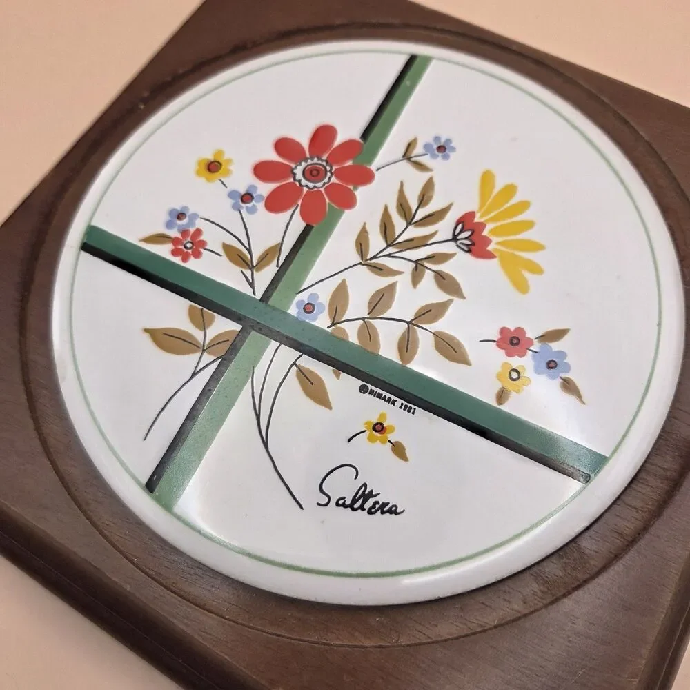 Himark Vintage 1981 Saltara Floral Cheese Dome Glass Lid Wood Base Taiwan
